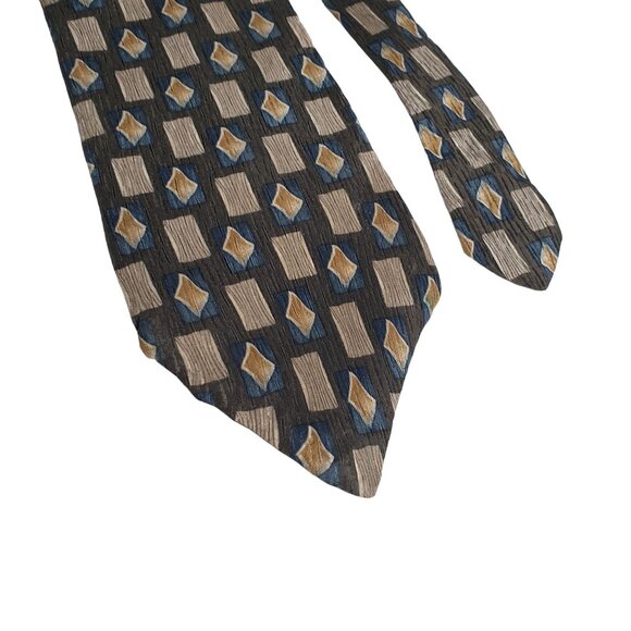 Vintage IV Front Geometric Pattern Imported Silk Tie Designer Olive Green Brown - Picture 5 of 6